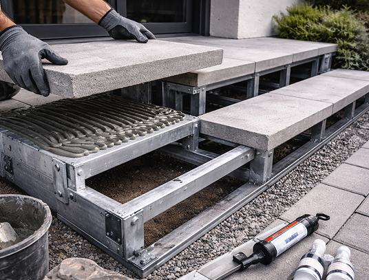 Облицовка бетонной лестницы ступенями на металлокаркасе